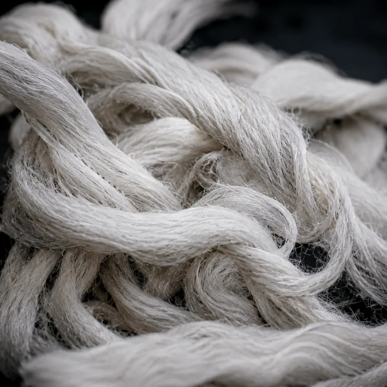 Macro photograph of raw cotton fibre, soft twisted ribbons.