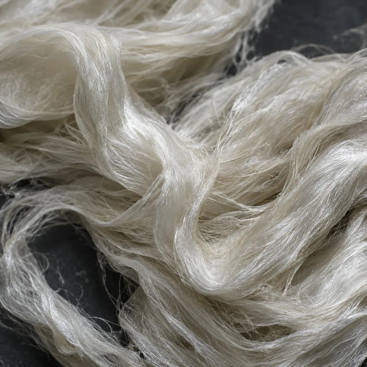 Macro photograph of soft lustrous viscose filaments.