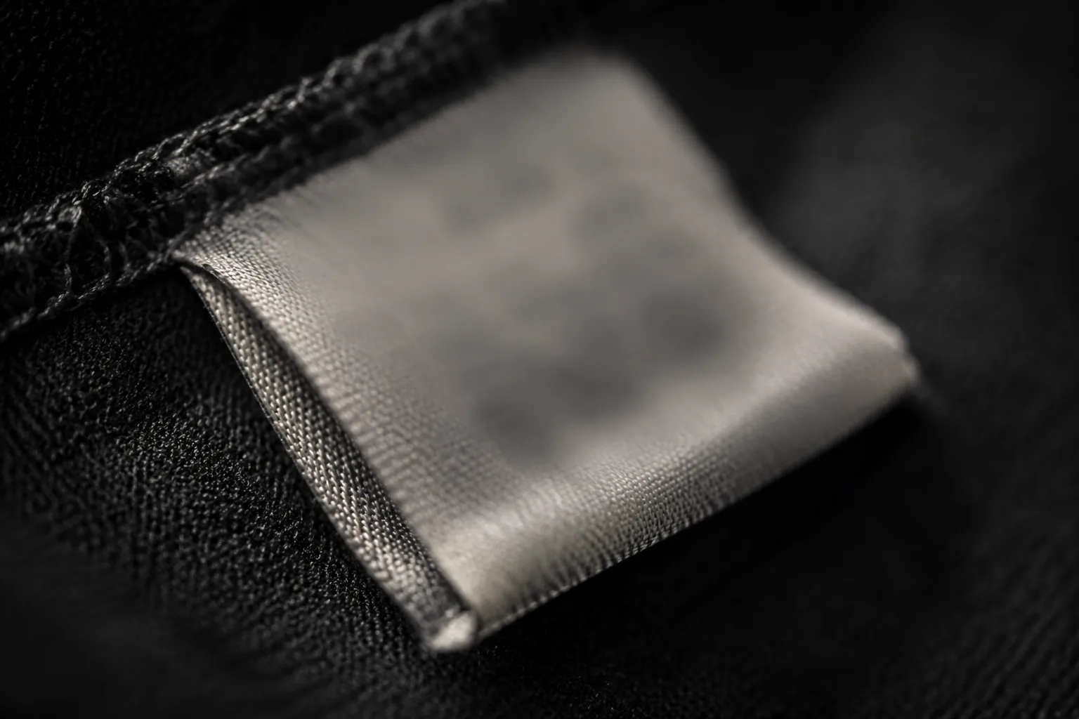 Extreme close-up of a sewn-in care label at an oblique angle, its print far out of focus.