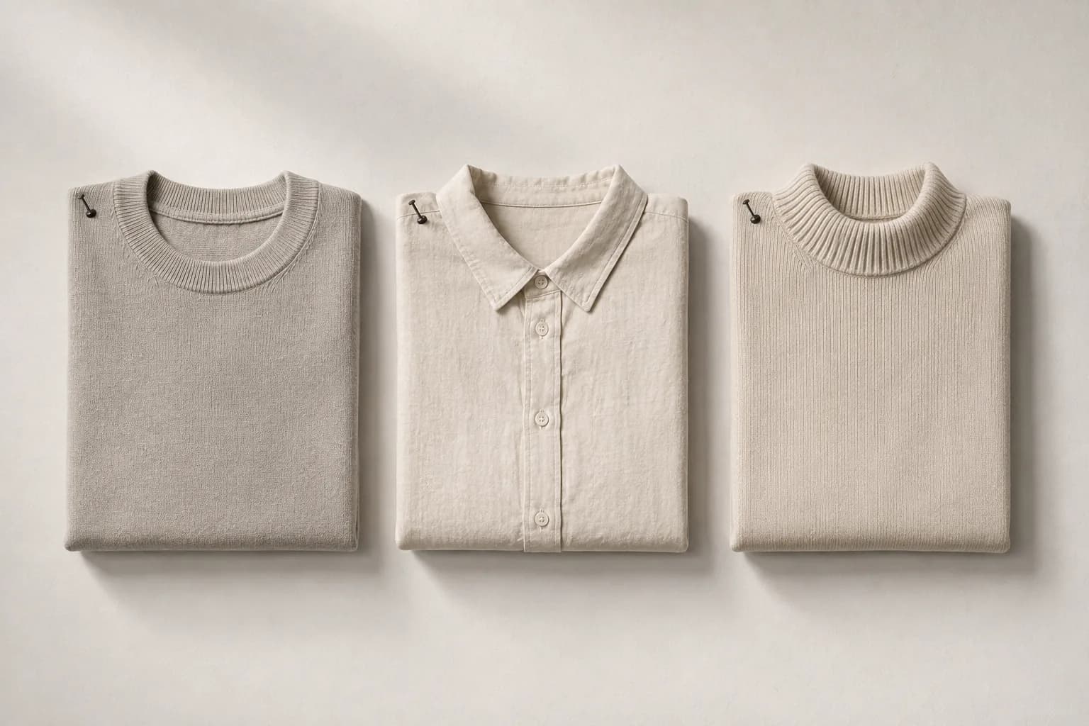 Three pale garments folded and laid out in a row on pale archival paper.