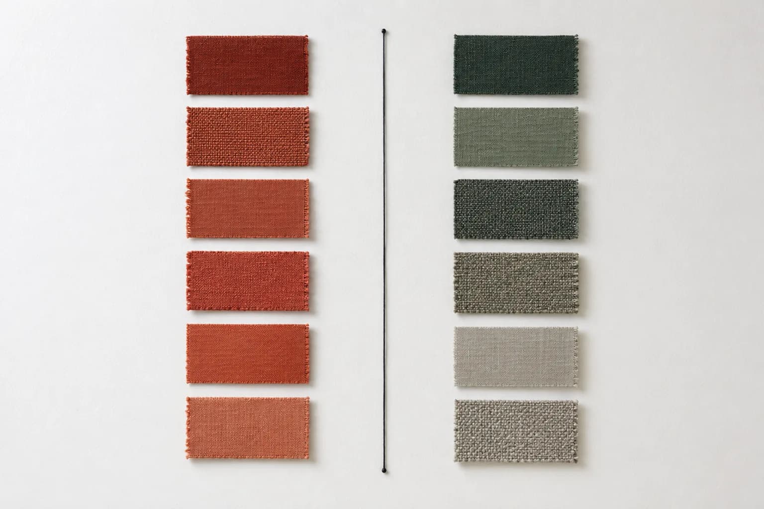 Two columns of fabric swatches on paper with a single taut black thread dividing them.