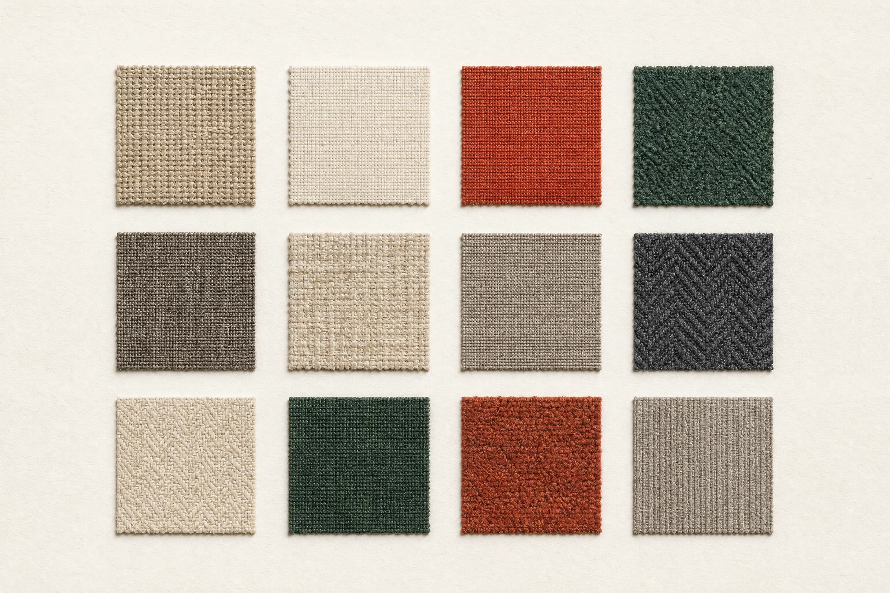A grid of twelve fabric swatches in different weaves and colours on archival paper.