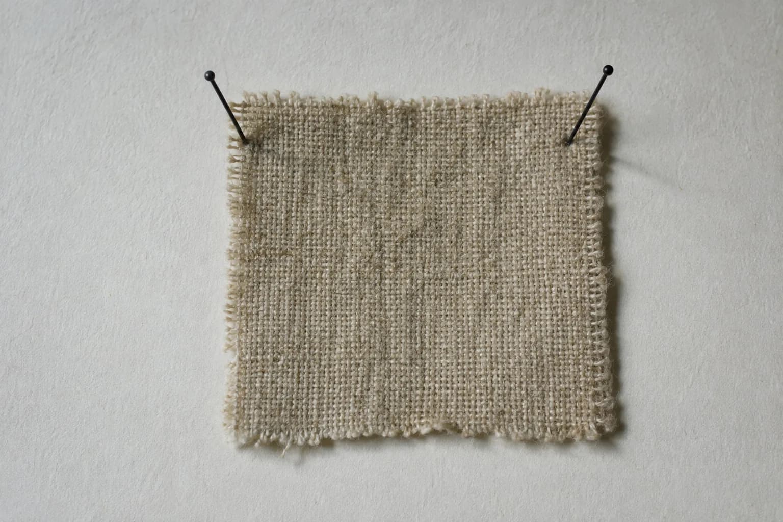 A square swatch of coarse undyed wool pinned flat to archival paper.