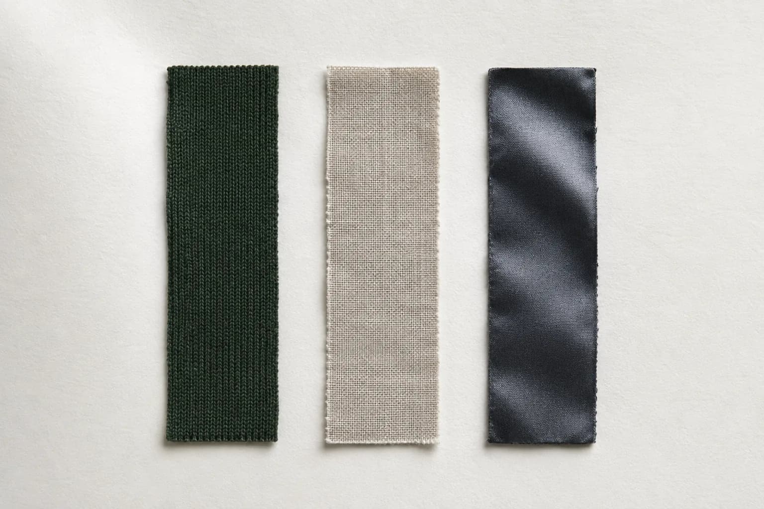 Three narrow fabric strips laid parallel on archival paper.