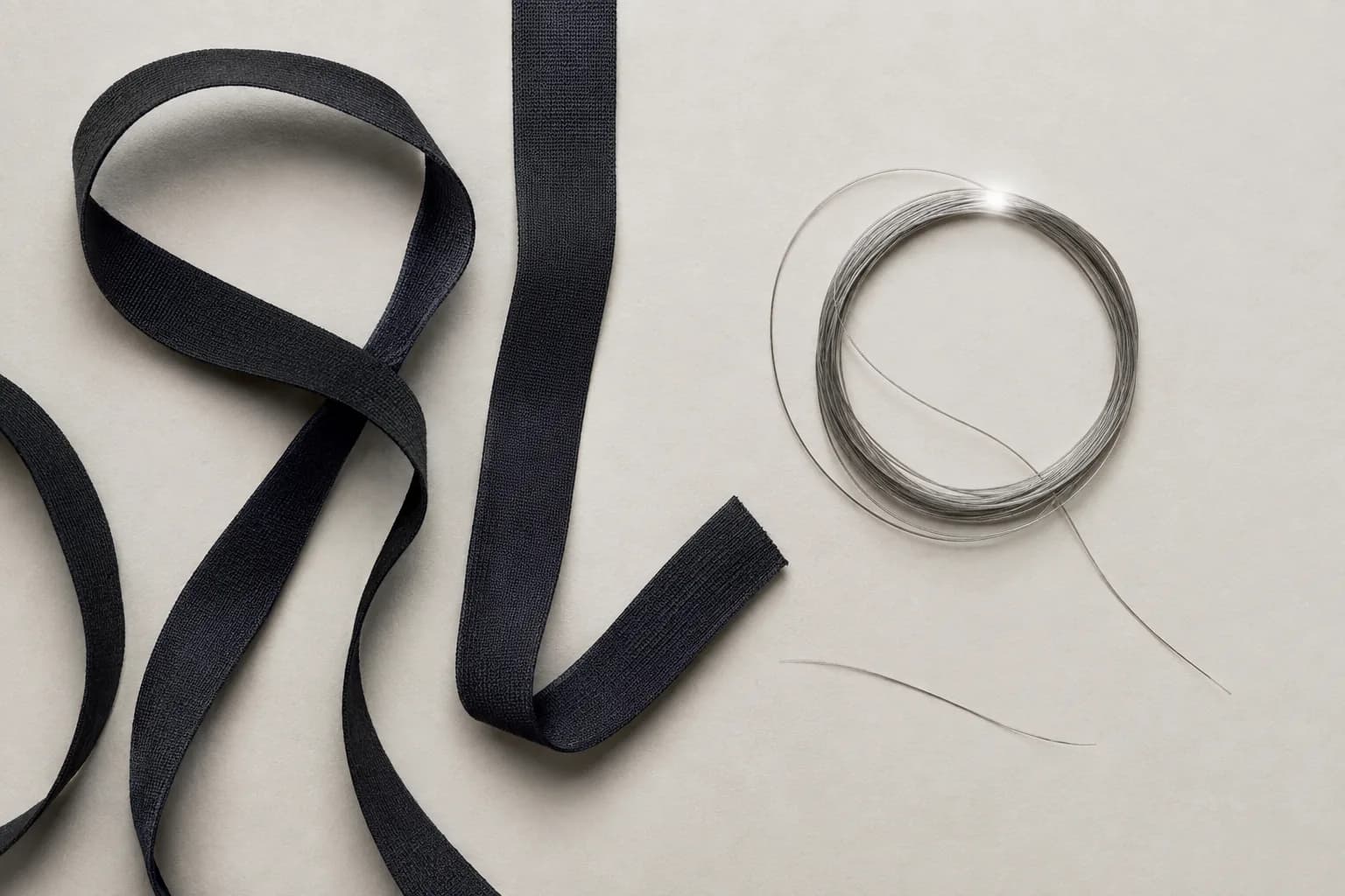 A length of dark elastic knit tape and a coil of fine synthetic thread on archival paper.